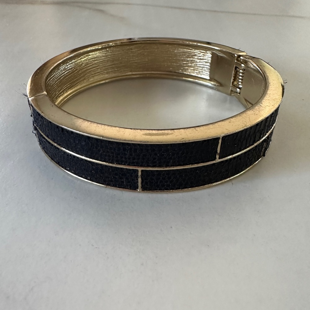 Gold Tone Hinge Bangle Cuff Bracelet with Leather Inset